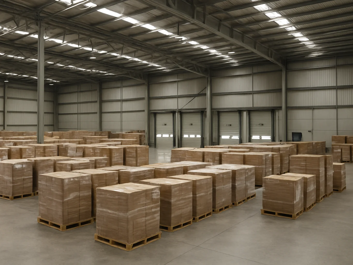 Wide daylight view of a clean, organized freight warehouse with pallets staged in neat rows and a loading dock in the ba