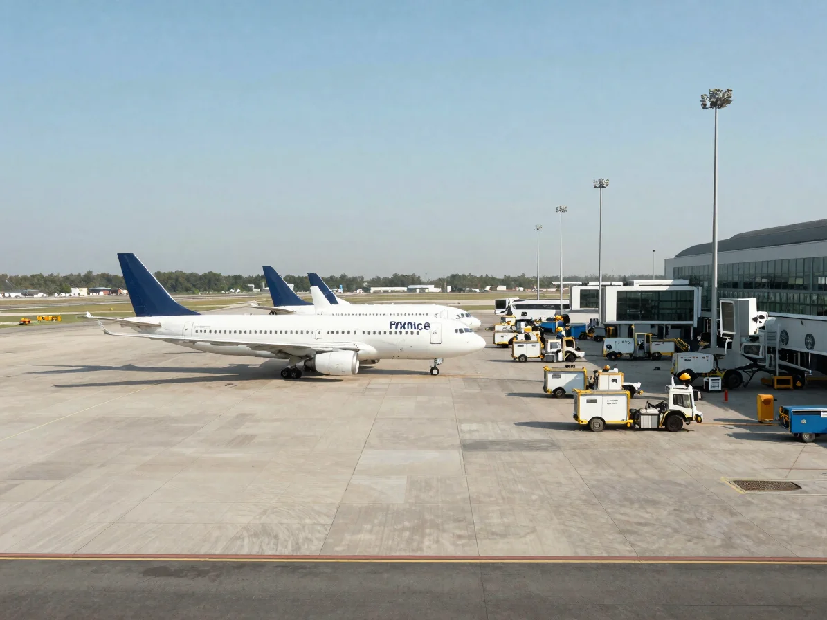 Precise environmental wide of an airport apron in clear morning daylight with ground support equipment parked in a measu