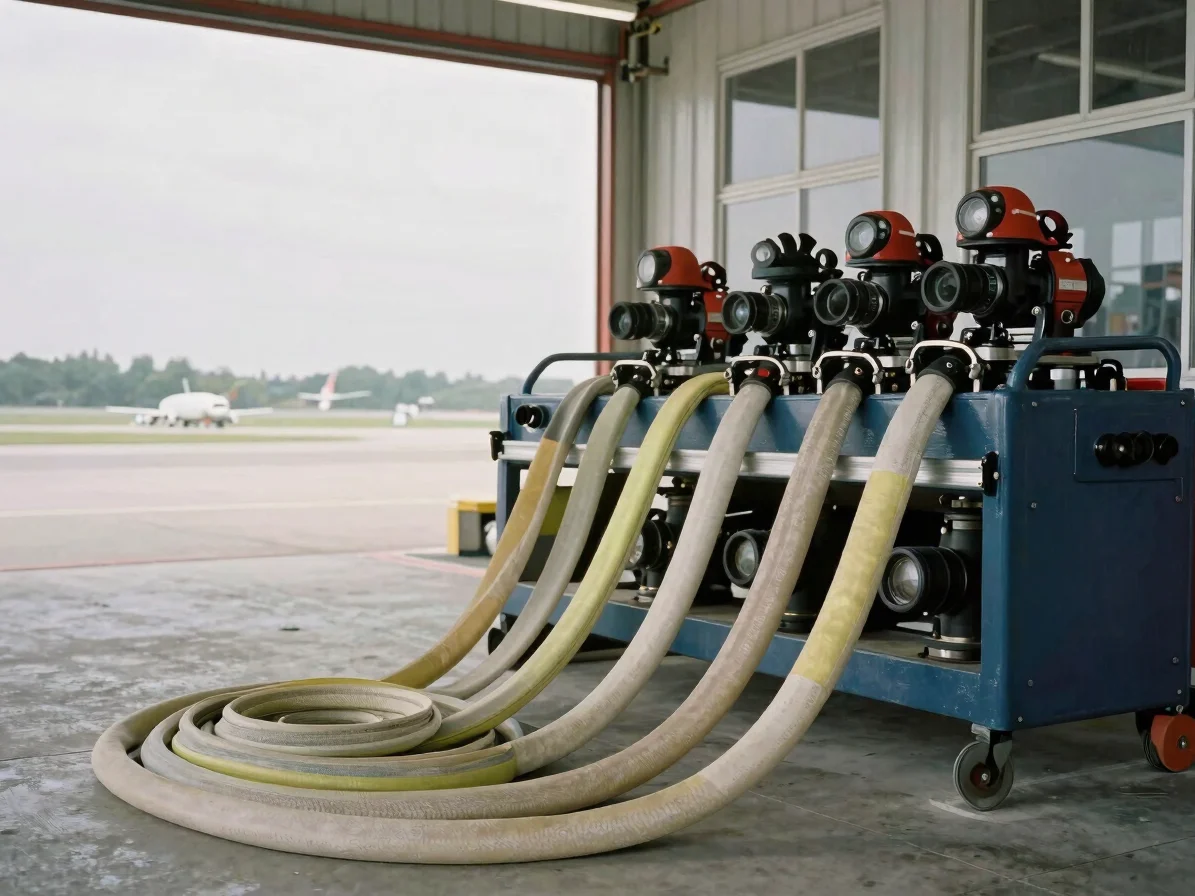 Close detail of firefighting equipment at an airport station, hoses and nozzles neatly stowed in a calm, work-focused se