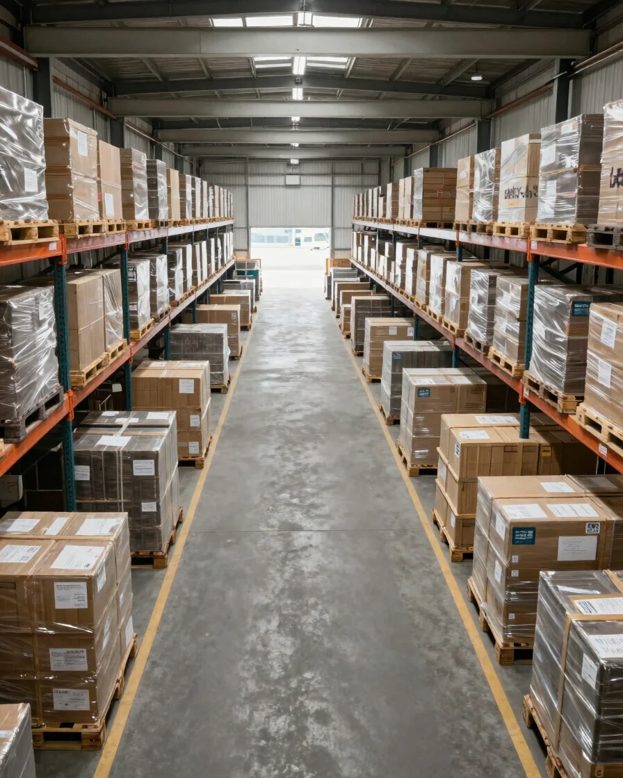 Calm daylight wide view of an organized warehouse interior with palletized freight and clearly marked aisles, restrained